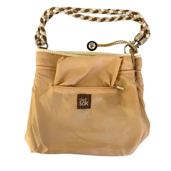 The Sak Woven Crochet Shoulder / Crossbody Bag Tan & Pink Braided Strap - Picture 10 of 13